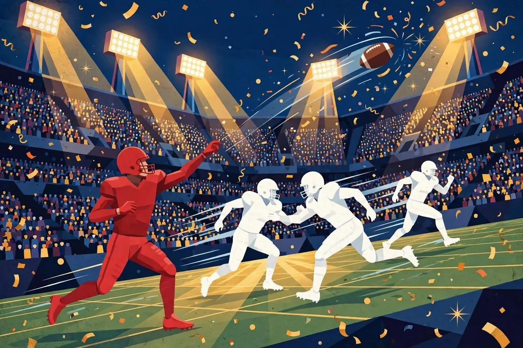 Stylised illustration of a night college football stadium shootout, a quarterback in a red uniform throwing a pass under floodlights (Illustration)