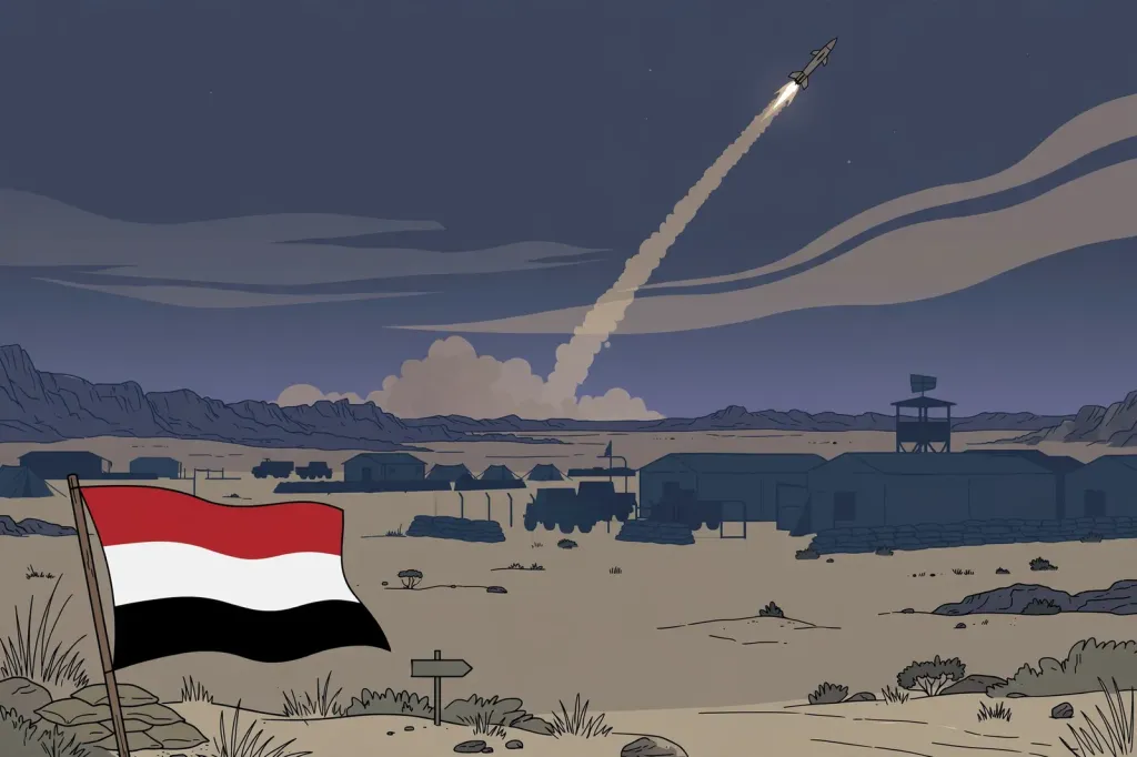 Editorial illustration of a desert military camp in Yemen with a missile streak and smoke trail above the horizon