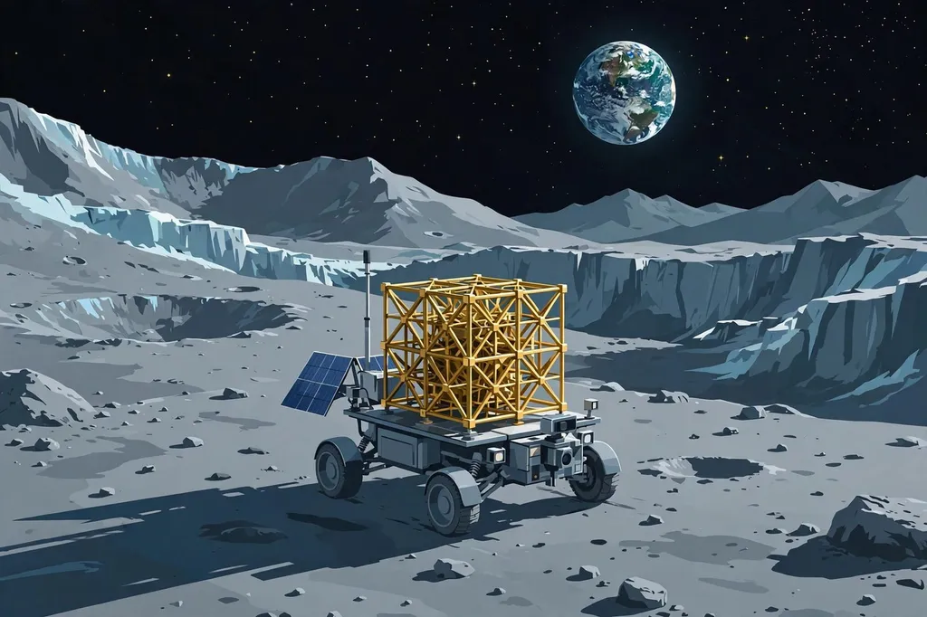 Stylised illustration of a lunar rover carrying a gold lattice compute module on the Moon's surface, with Earth in the sky
