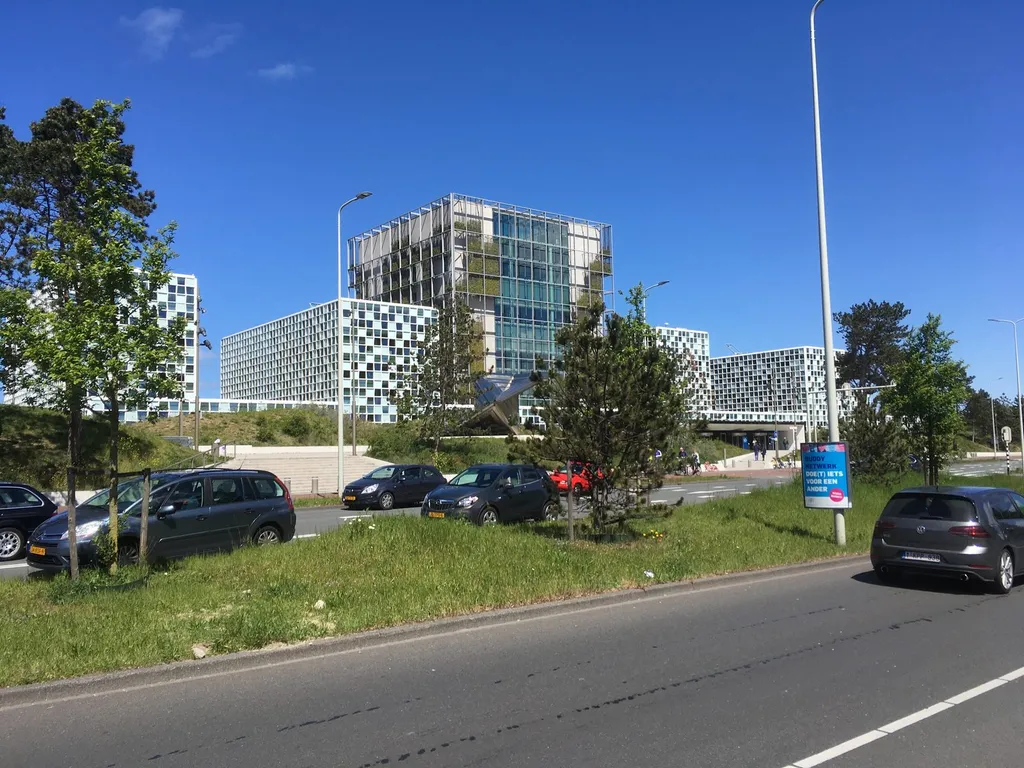 The glass towers of the International Criminal Court's permanent premises in The Hague, Netherlands, photographed in 2019.