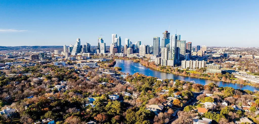 Aerial view of downtown Austin, Texas, with the Colorado River curving through the city (file photo)