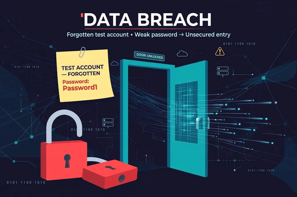 Illustration: an open unlocked door and open red padlocks labelled data breach, symbolising the ransomware attack on Welsh data systems