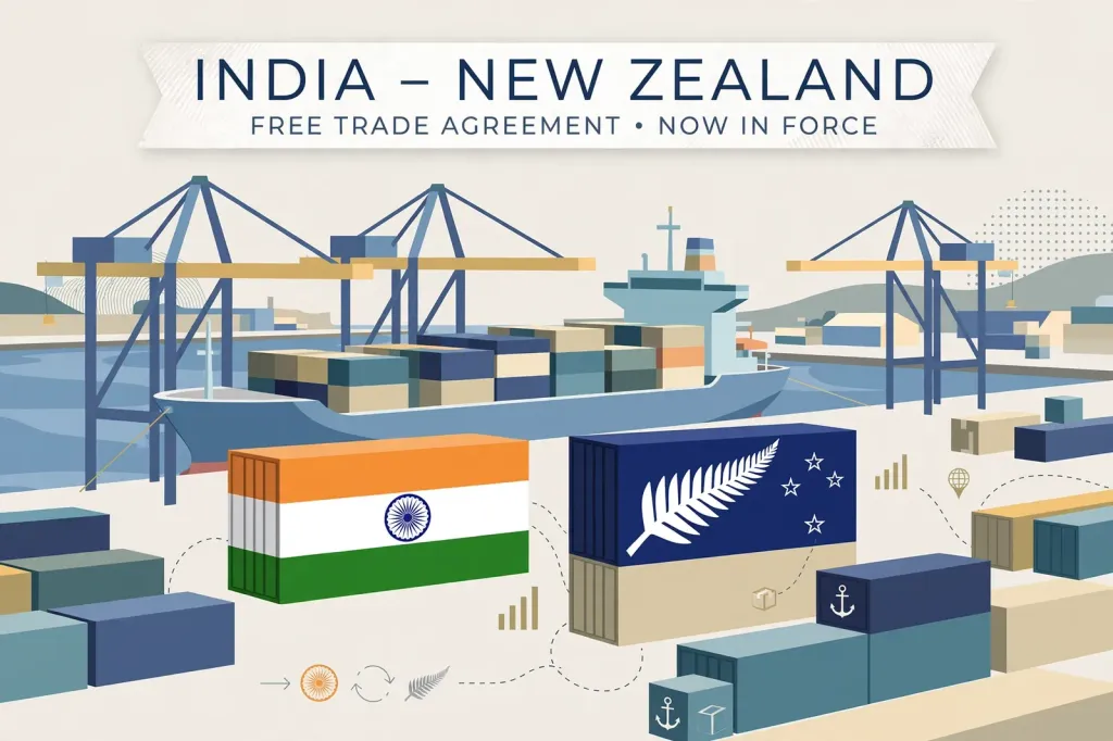 AI-generated editorial illustration of a container ship with port cranes and shipping containers bearing stylised Indian and New Zealand flag motifs