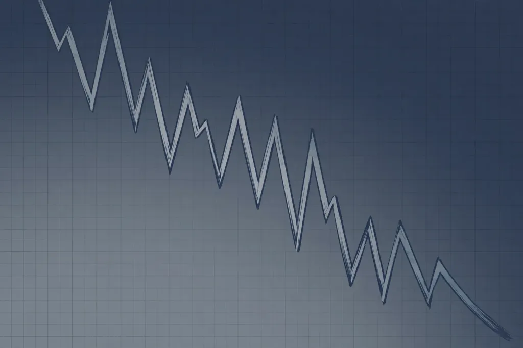 Abstract AI editorial illustration of a falling stock-market line against a muted background.