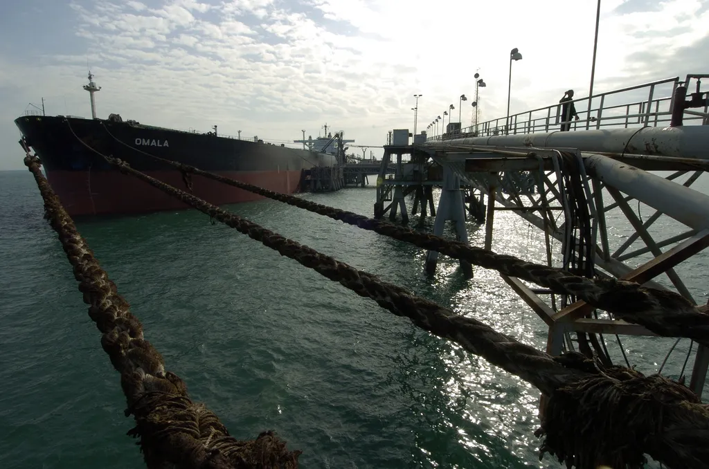 The oil tanker Omala moored at an offshore oil terminal in the Persian Gulf