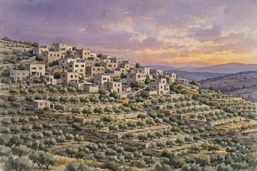 Watercolour illustration of terraced olive groves and a hillside West Bank village at dusk