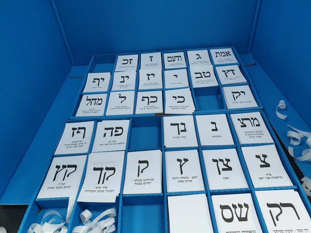 Ballot papers for Israel's Knesset election arranged in a blue polling-station ballot box