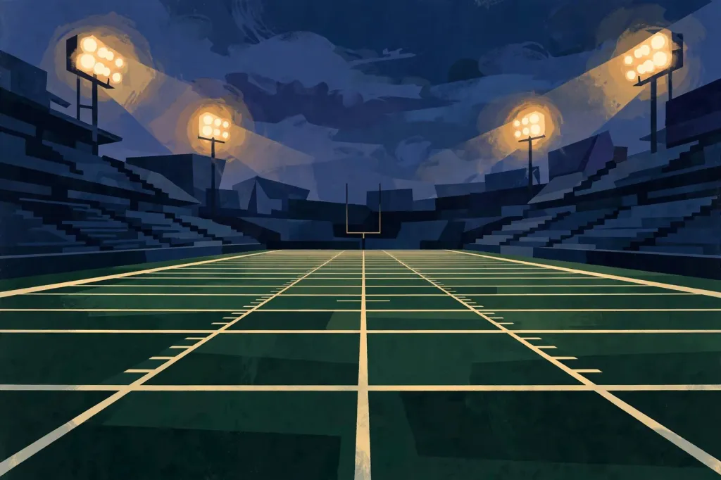 A stylised flat-vector illustration of an empty American football stadium at dusk, with glowing floodlights, yard lines and silhouetted goalposts