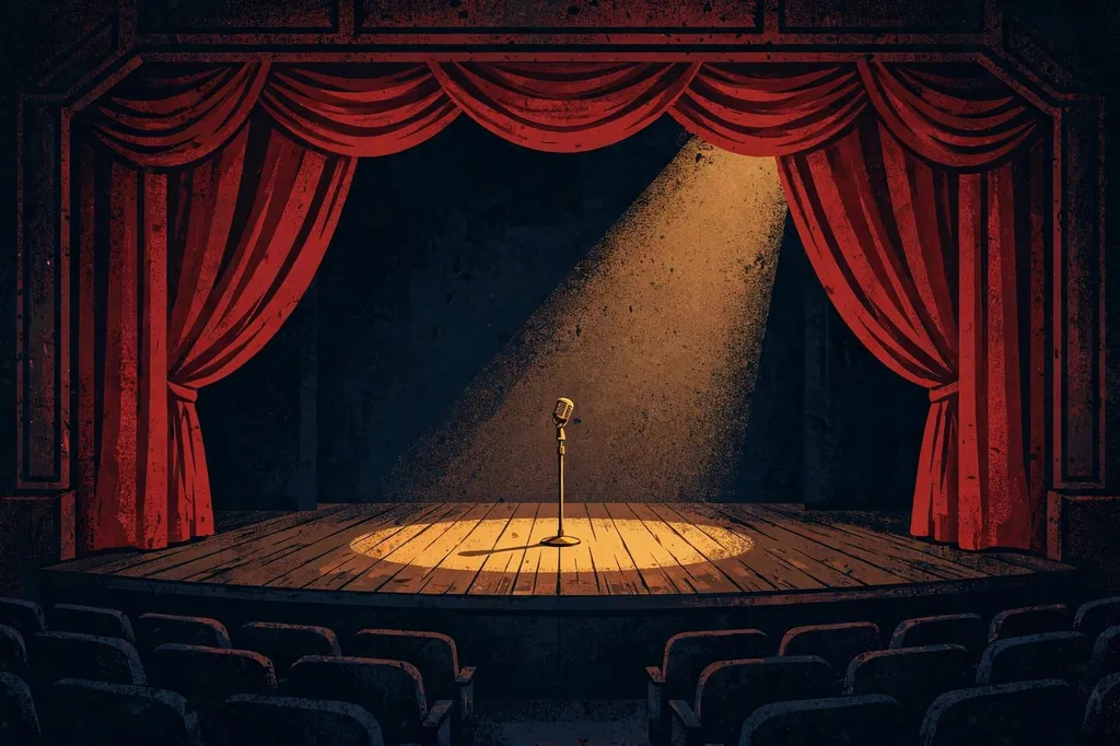Editorial illustration of an empty theatre stage with a lone microphone under a spotlight.