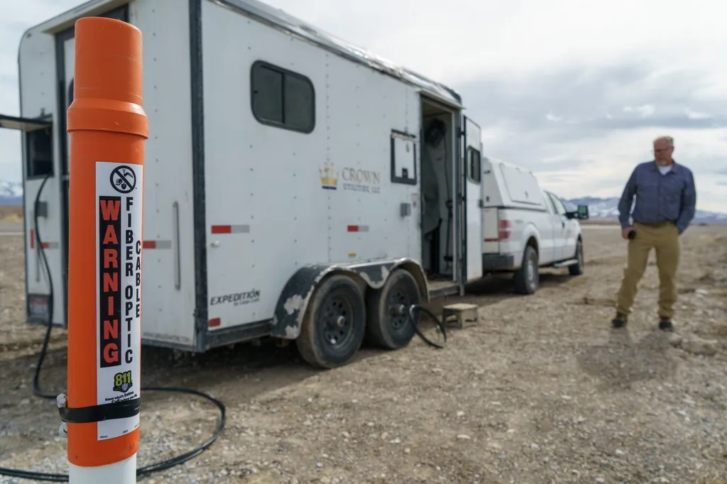 Fibre-optic cable being installed along a rural route by a utilities field crew