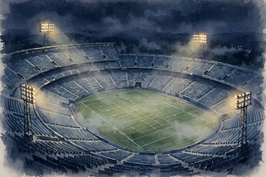 Watercolour illustration of an empty American football stadium at night under glowing floodlights; generic editorial illustration with no identifiable people.