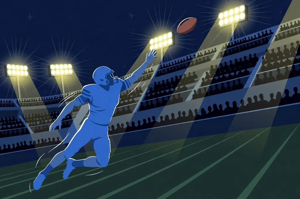 Stylised illustration of a defensive back leaping to intercept a pass in a night college football stadium under floodlights (Illustration)