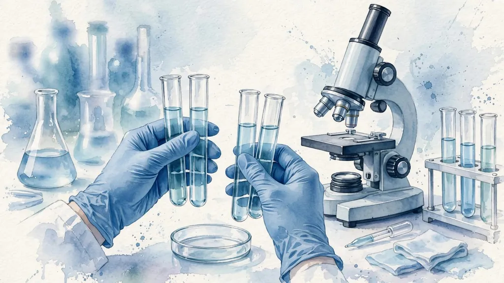 Watercolour illustration of a clinical laboratory testing scene: gloved hands holding test tubes beside a microscope, in cool blue tones.