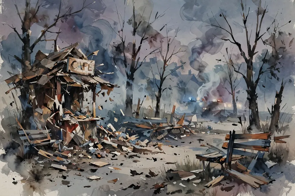 Editorial illustration of a damaged village park with a broken café kiosk, scorched trees and debris