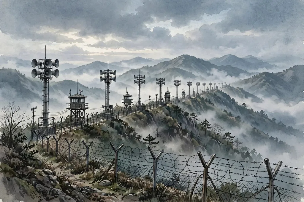 Editorial illustration of loudspeaker towers and watchtowers along a fortified mountain border ridge