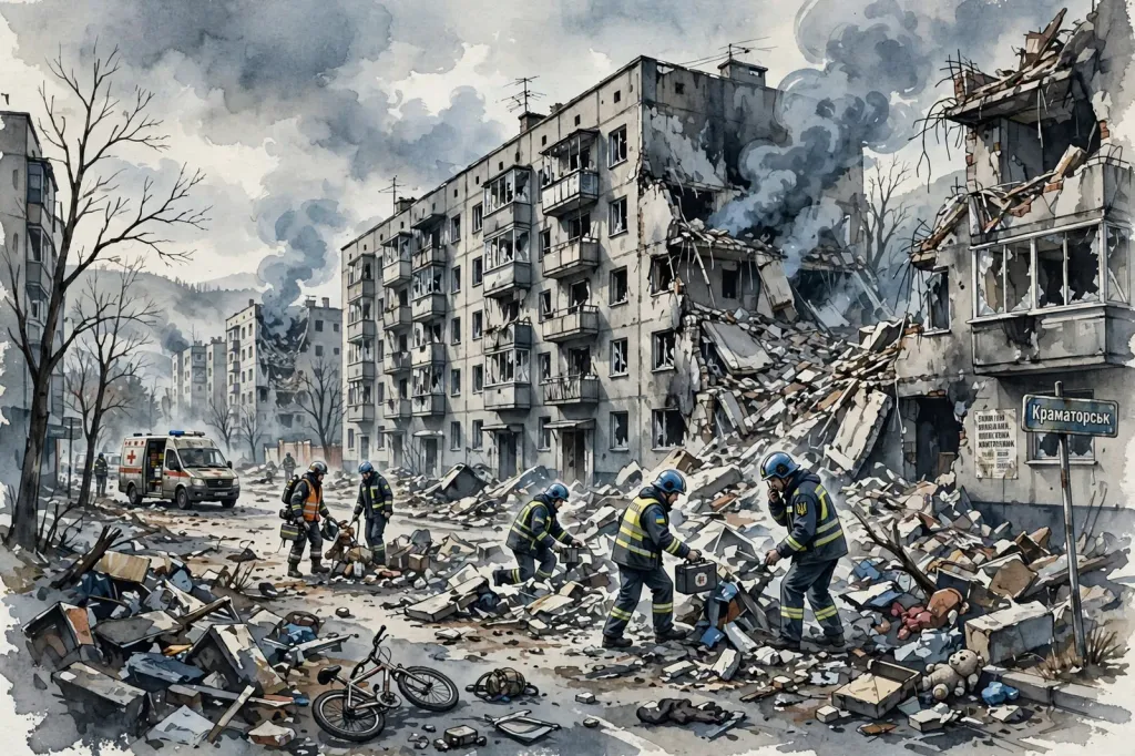 Illustration of emergency workers among rubble of destroyed apartment buildings in Kramatorsk after aerial bombing