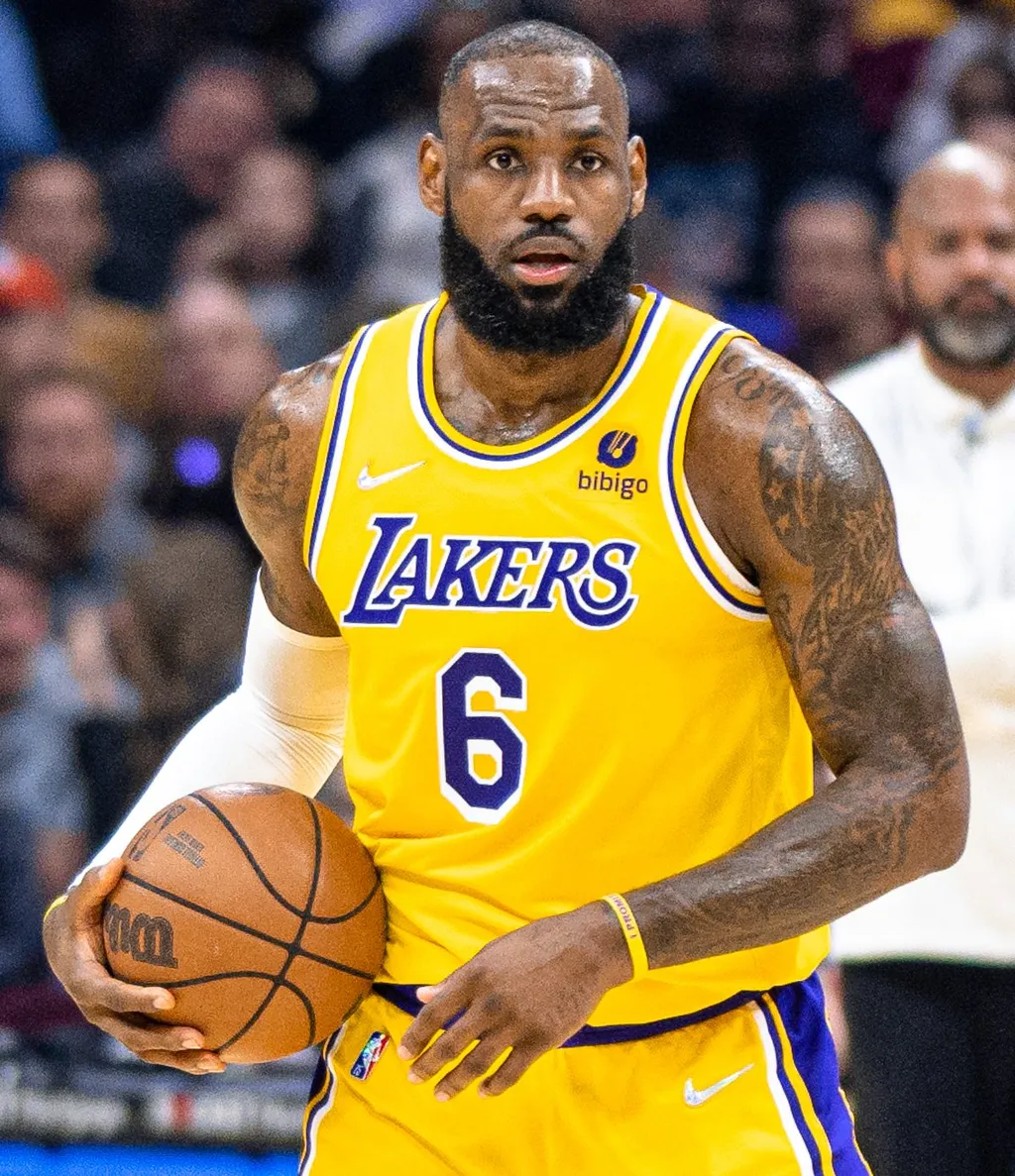 LeBron James dribbling during a Los Angeles Lakers game in 2022