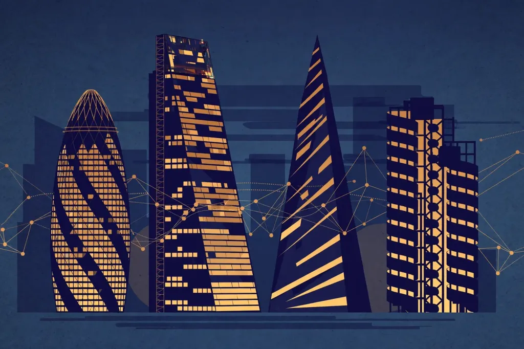 Editorial illustration of the City of London financial district skyline at dusk