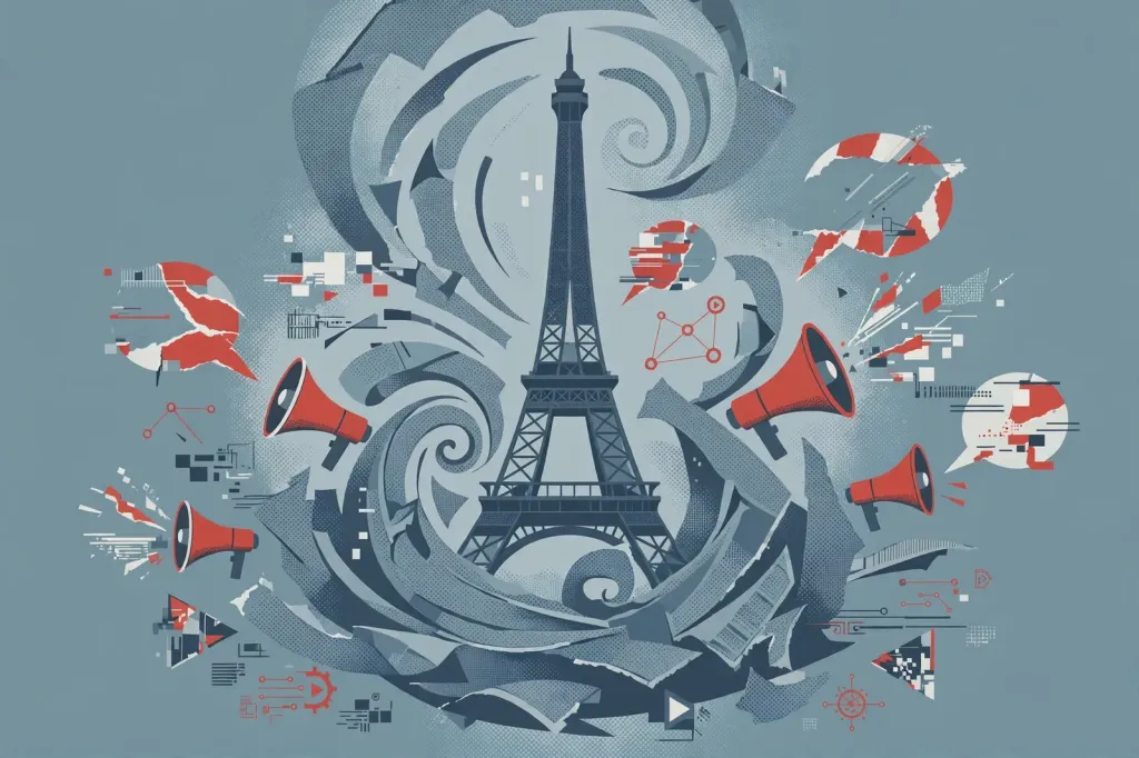 Abstract editorial illustration of the Eiffel Tower rising from swirling newspaper pages, megaphones and speech bubbles, in flat vector style