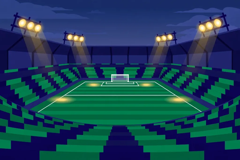 Illustration: an empty floodlit football stadium at dusk, with a green pitch and goalposts seen from the stands. (Illustration: Flip News / AI-generated)