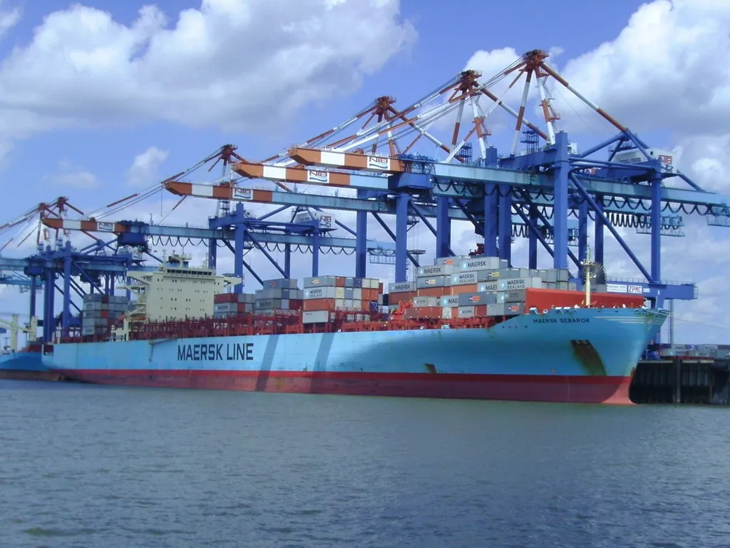 The Maersk Sebarok container ship in Maersk blue livery, with 'MAERSK LINE' lettering on the hull, docked at a container terminal beneath loading cranes.