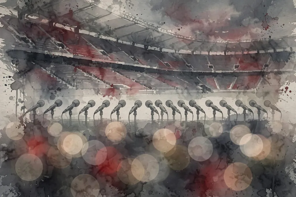 Watercolour illustration of empty microphones in front of a football stadium, evoking a press mixed zone