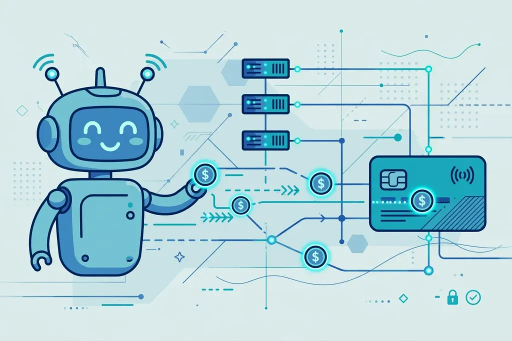 Illustration of an AI agent sending payment tokens between servers and a credit card over a digital network