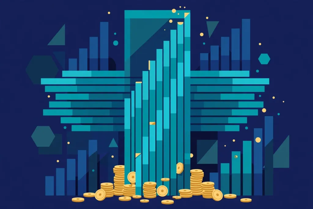 Illustration of a stylised medical cross merging with rising bar-chart columns and coins, representing the $5.8bn McKesson–CD&R acquisition of Option Care Health