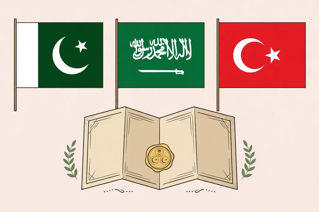 Editorial illustration of the flags of Pakistan, Saudi Arabia and Türkiye above a stylised treaty document with a wax seal, representing the Makkah Joint Defence Agreement