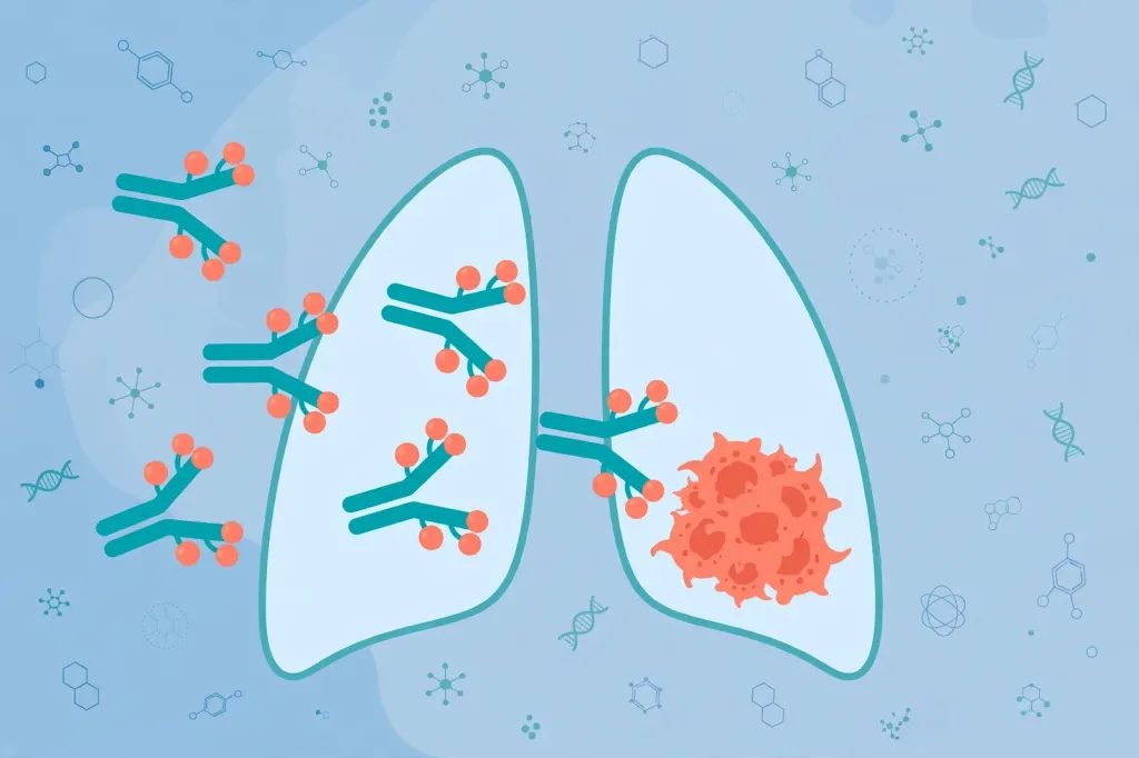 Editorial illustration of antibody-drug conjugate molecules targeting a stylised lung tumour cell