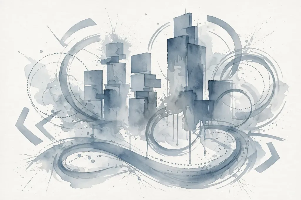 Abstract watercolour illustration of stylised office towers