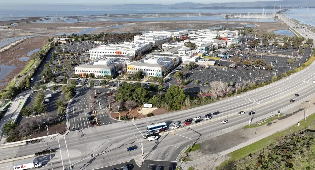 Aerial view of Meta's main headquarters campus in Menlo Park, California