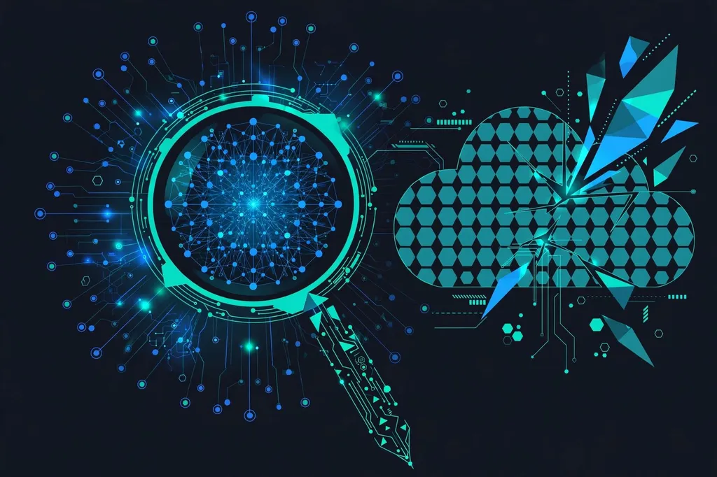 Illustration of a magnifying glass over a circuit network beside a cracked cloud symbol, representing an AI-assisted cyber intrusion
