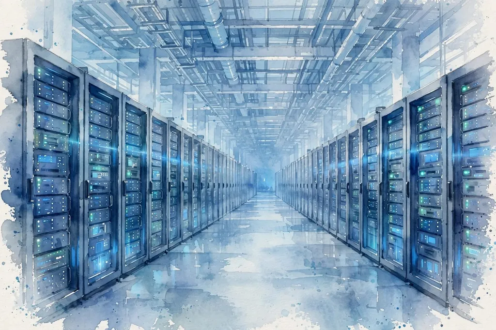 Watercolour illustration of a vast AI data centre hall with glowing server racks and no people. (Illustration: Flip News)
