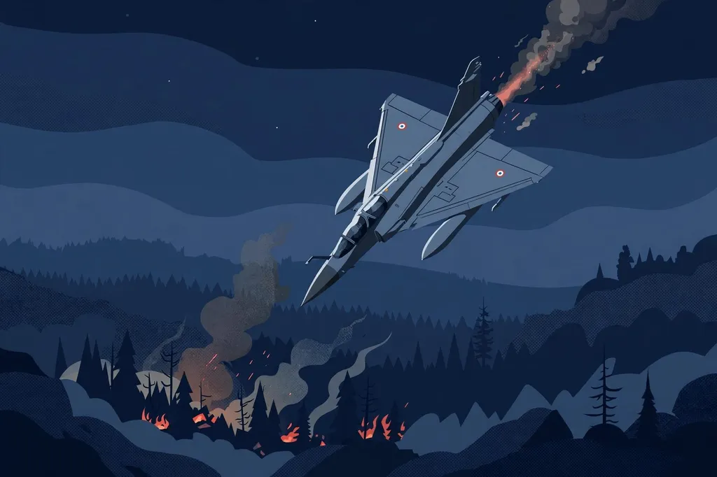 Editorial illustration of a French-marked delta-wing fighter jet falling through night clouds toward a wooded landscape