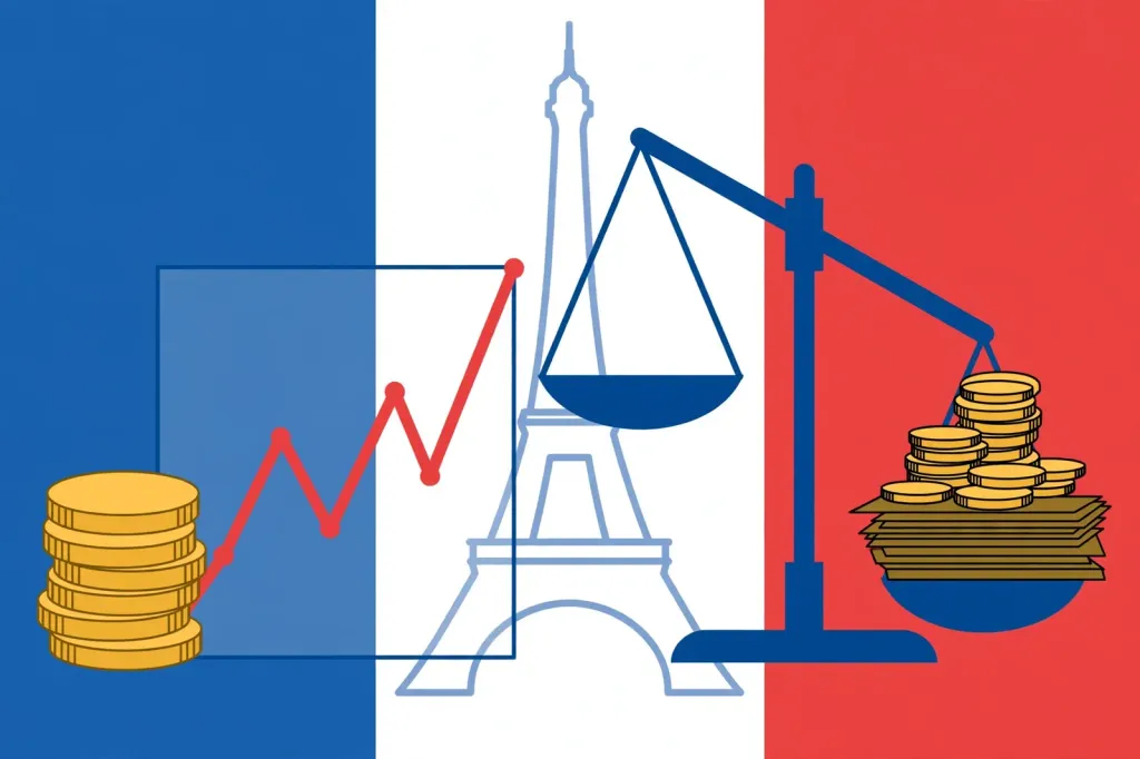 Illustration: coins, a balance scale and a rising debt chart in French tricolour colours beside an Eiffel Tower silhouette