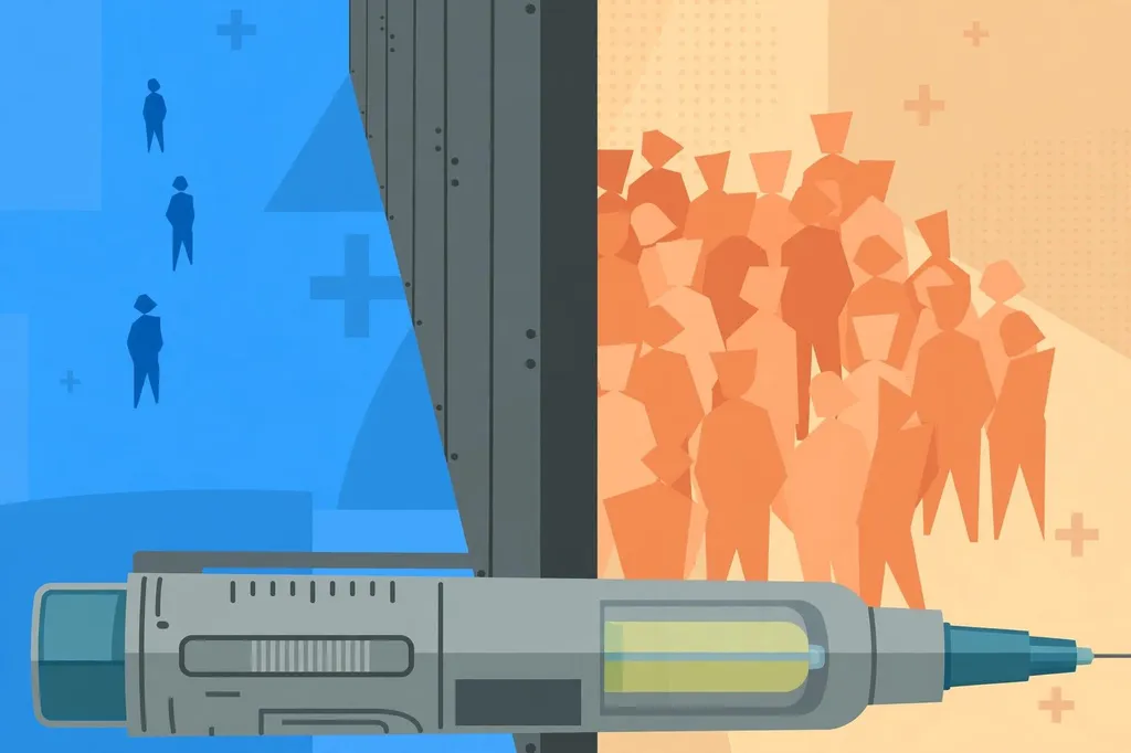Illustration: a weight-loss injection pen in the foreground with a sparse NHS-blue crowd on one side and a large crowd on the other, depicting the two-tier Mounjaro rollout divide