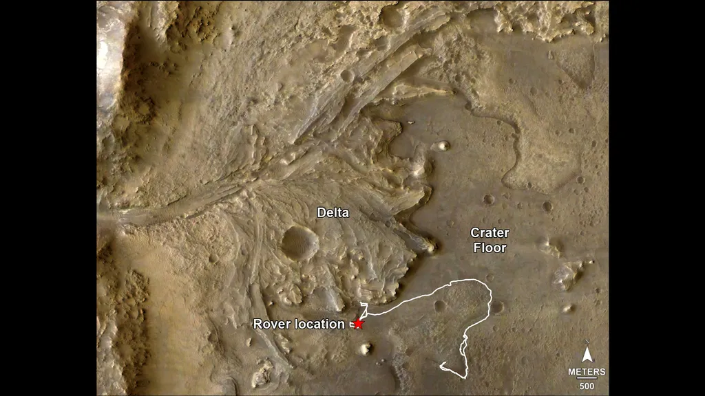 Annotated NASA orbital map of Jezero Crater on Mars showing the ancient river delta, crater floor and Perseverance rover location, the region studied for the Margin Unit water findings.