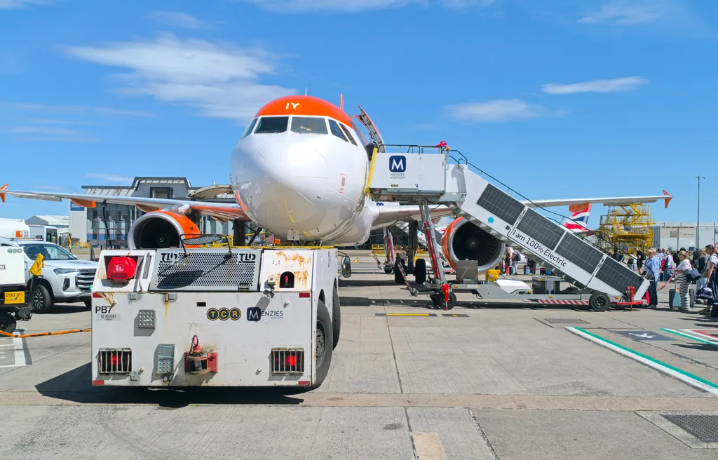 An easyJet aircraft at a gate at Glasgow Airport, with boarding stairs and passengers