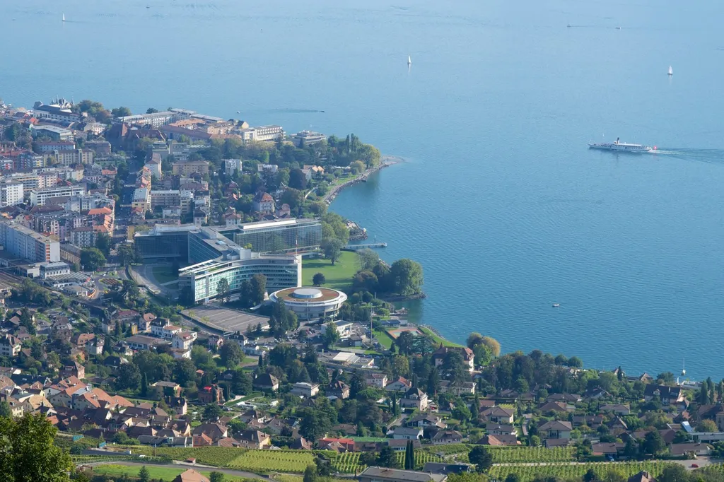 Nestlé headquarters in Vevey, Switzerland, seen from Mont Pélérin across Lake Geneva