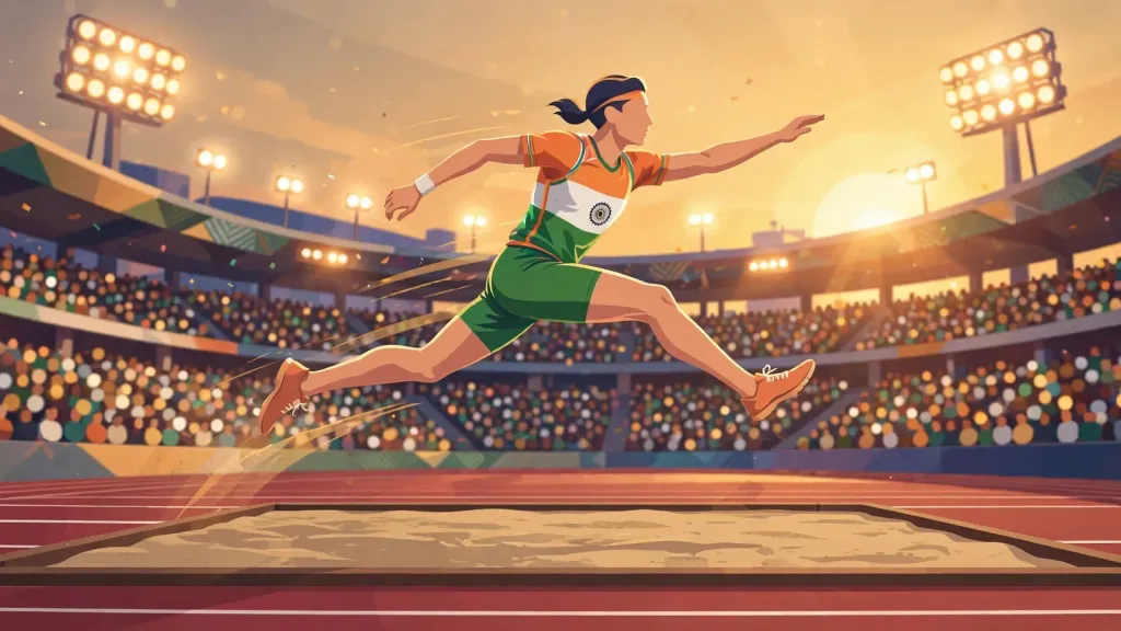 Editorial illustration: a stylised flat-vector scene of a long jumper in an Indian tricolour kit mid-flight over a sand pit at a packed stadium at sunset.