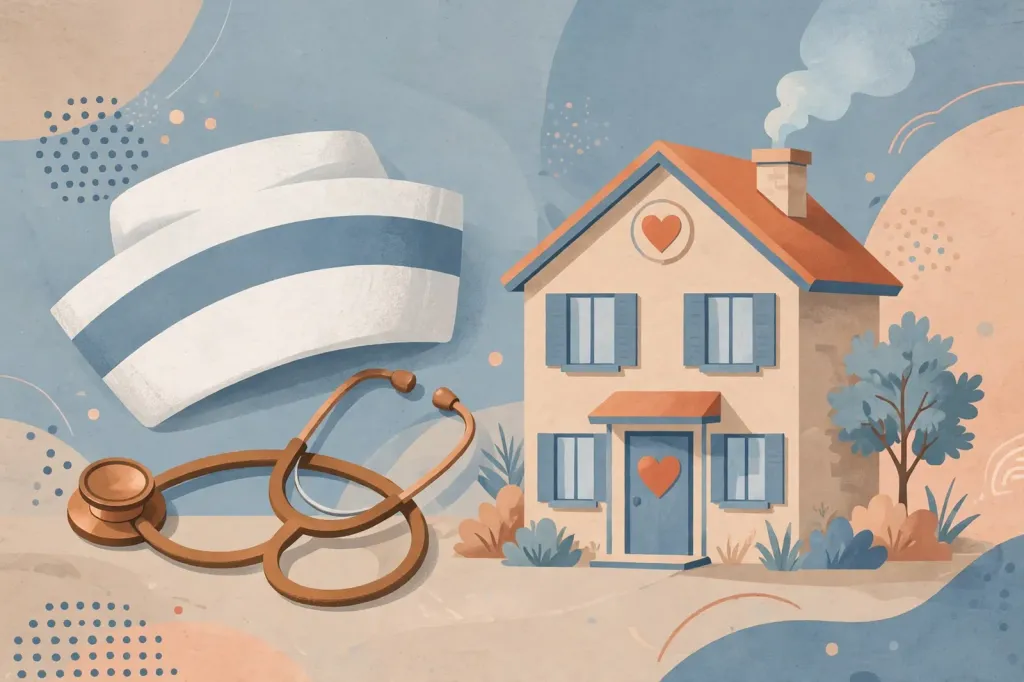 Illustration: a nurse's cap and stethoscope resting beside a small care home with heart emblems, symbolising a nurse recruitment drive for nursing homes