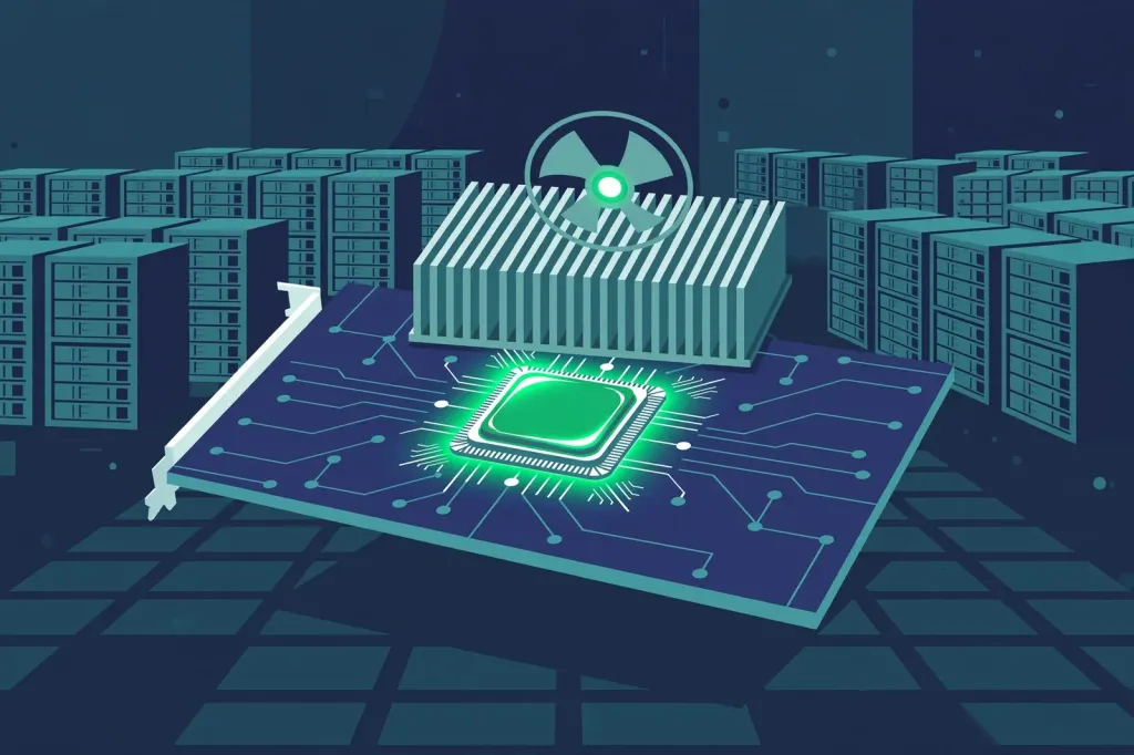 Illustration of a graphics card GPU chip on a circuit board in front of data centre server racks