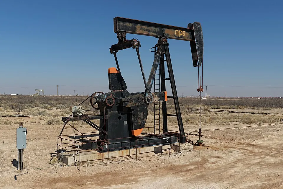 An oil pumpjack operating in the Permian Basin oil field