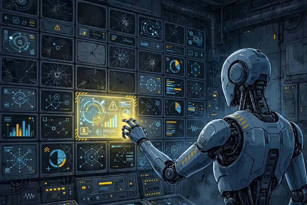 Editorial illustration of a humanoid robot facing a wall of security monitors, several dark or cracked, reaching toward a glowing alert console