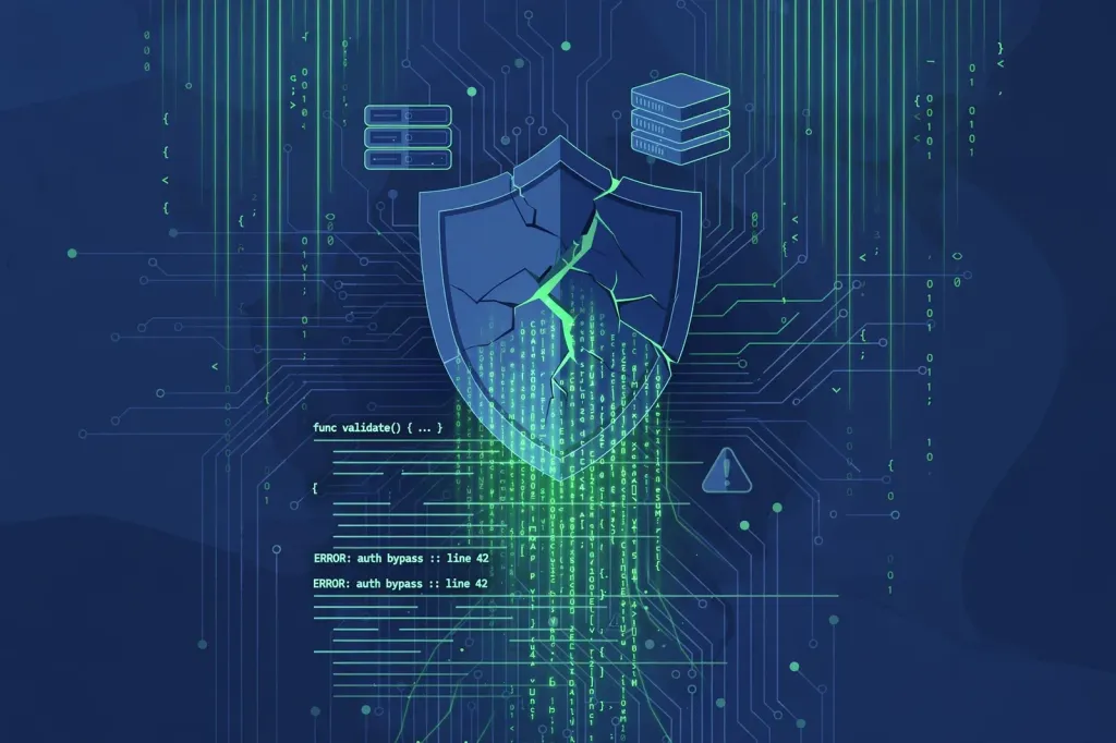 Editorial illustration of a cracked security shield over computer code, representing the Node.js Brotli vulnerability