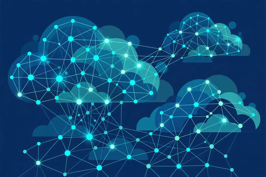 Abstract illustration of glowing cloud shapes merged with neural-network nodes in blue and teal
