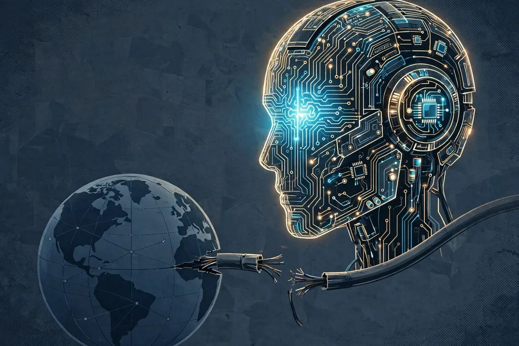 Illustration of a circuit-traced robot head facing a globe, with a severed network cable between them