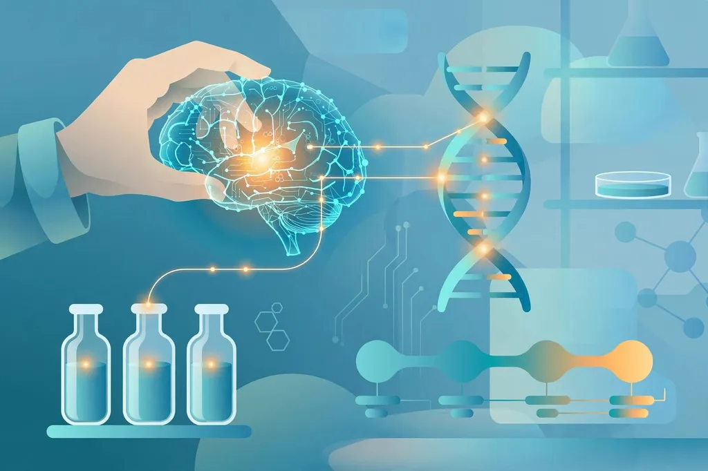Stylised illustration of a glowing AI brain connected to a DNA helix, laboratory vials and a clinical-trial timeline