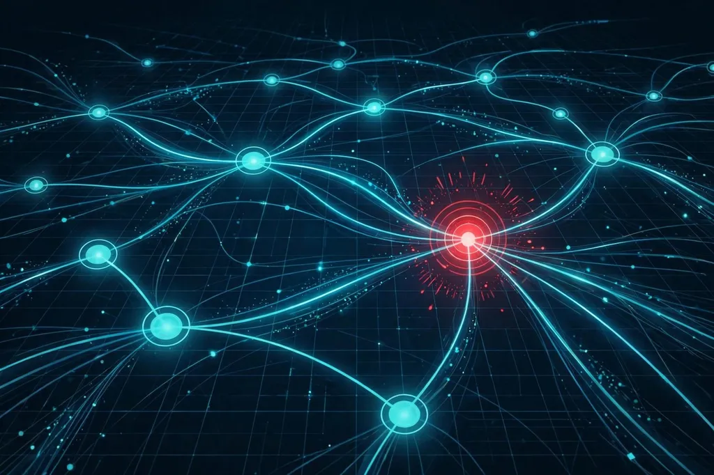 Illustration: abstract neural-network nodes representing autonomous AI agents, one flashing red like a security alert
